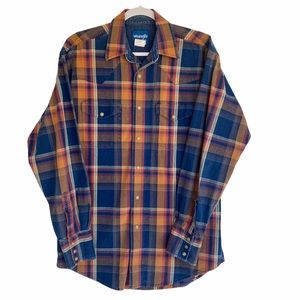 VTG Wrangler Western Blue Long Sleeve Plaid Pearl Snap Medium